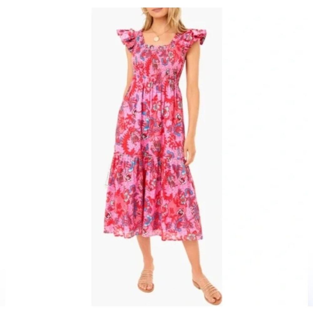 Tuckernuck Mallie Smocked Floral Ruffle Midi Dress Size Medium Pink Cottagecore - Picture 3 of 10